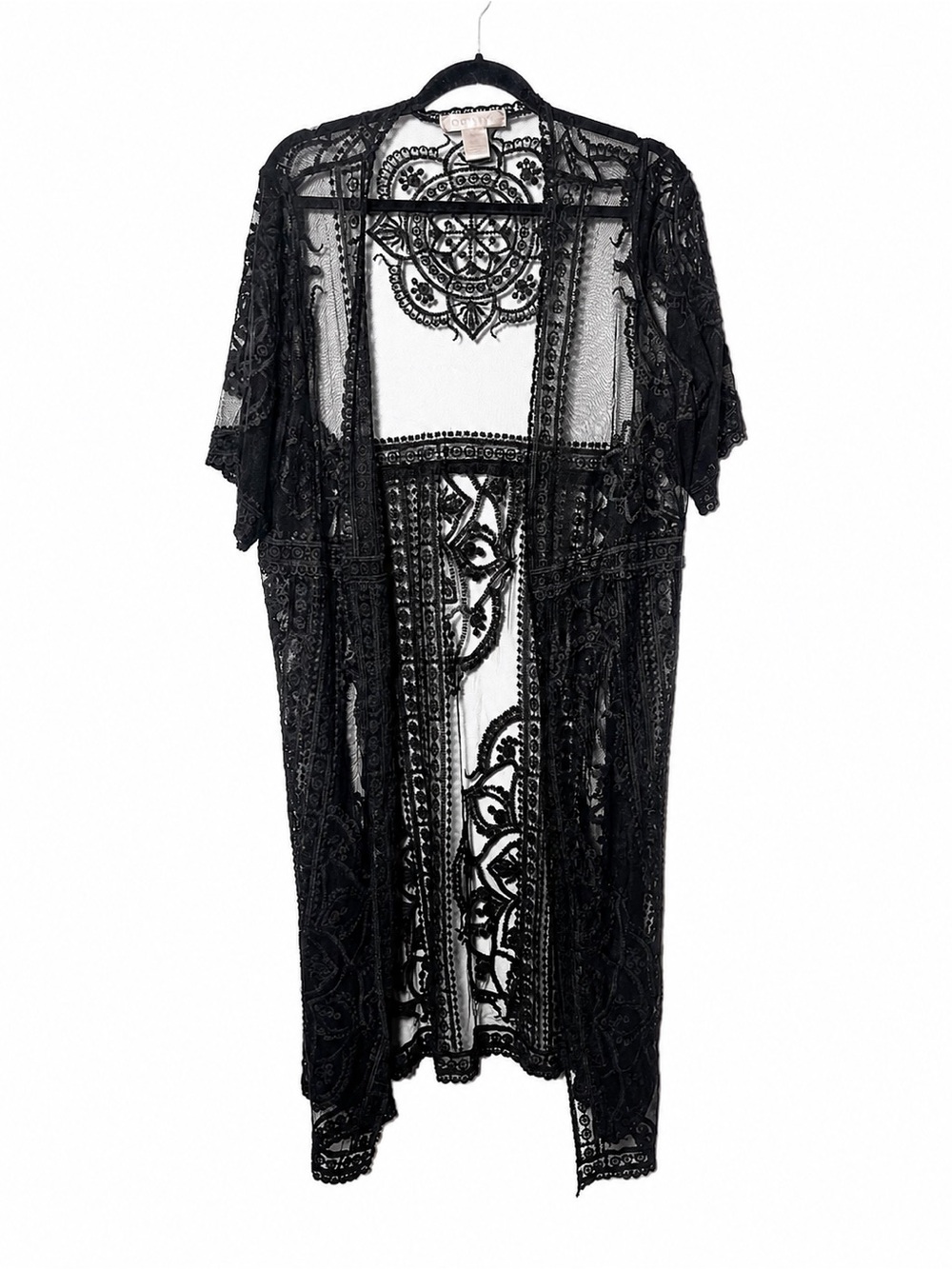 Coco & Shay black sheer lace duster cardigan, size 2XL/3XL. Pre-owned. Features